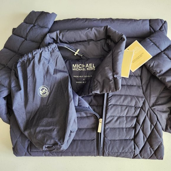 Michael Kors Packable Puffer Down Coat Navy Women’s Medium Quilted Jacket NWT - Picture 5 of 7